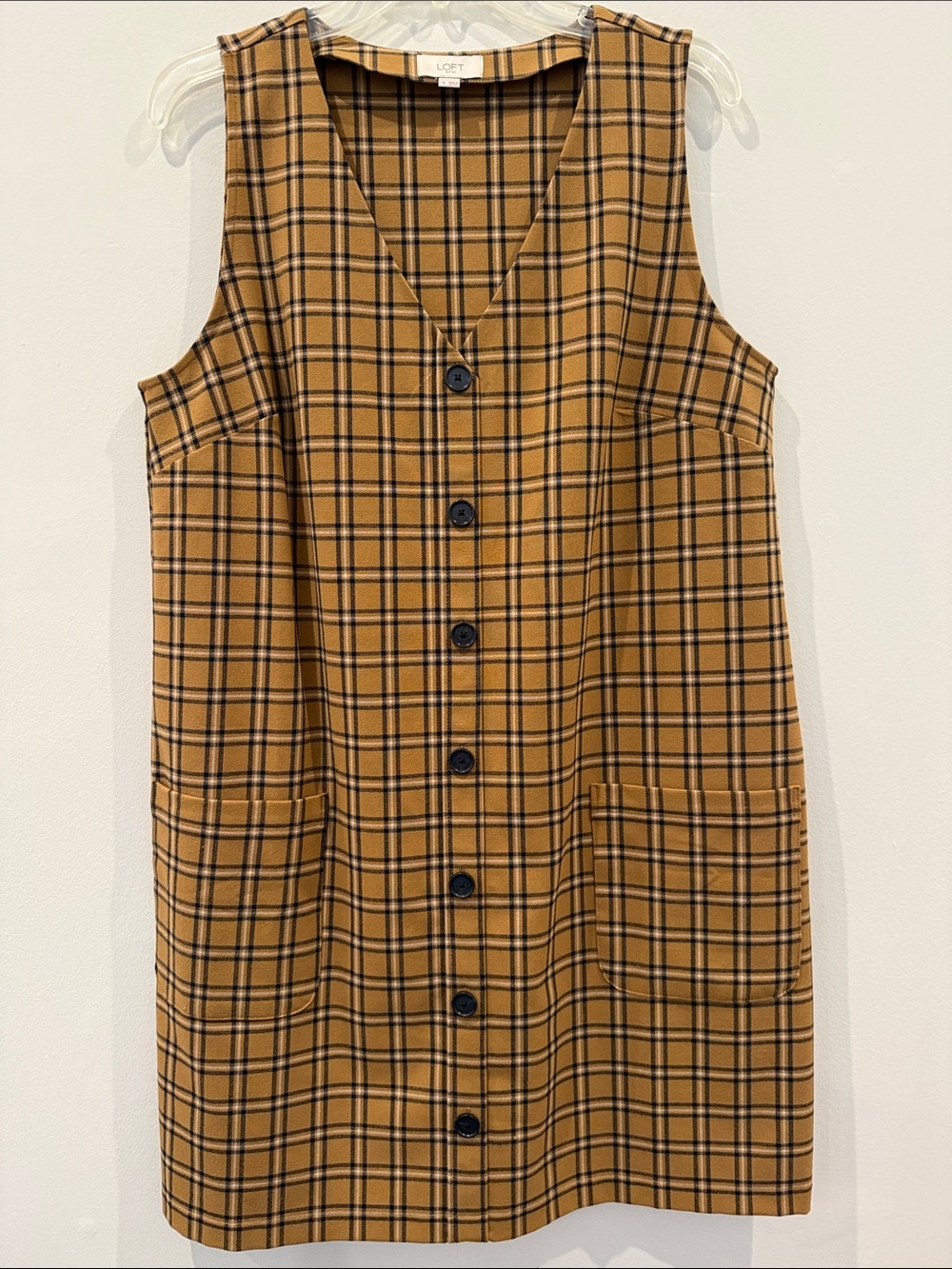 LOFT Mustard Plaid Button-Front Shift Dress with Patch Pockets